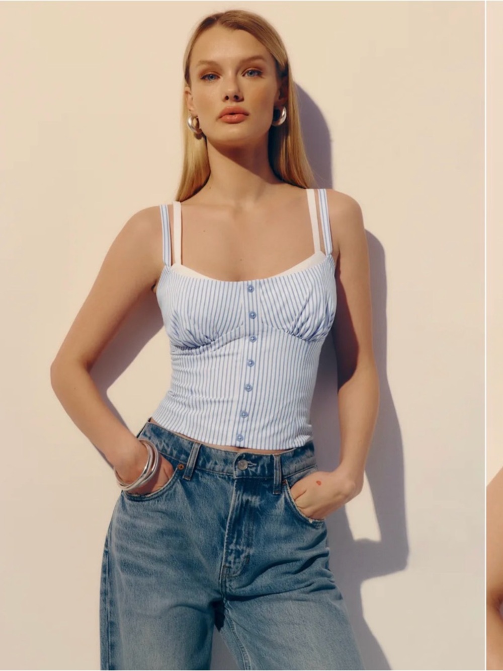 Reformation Blue White Striped Button-Front Tank